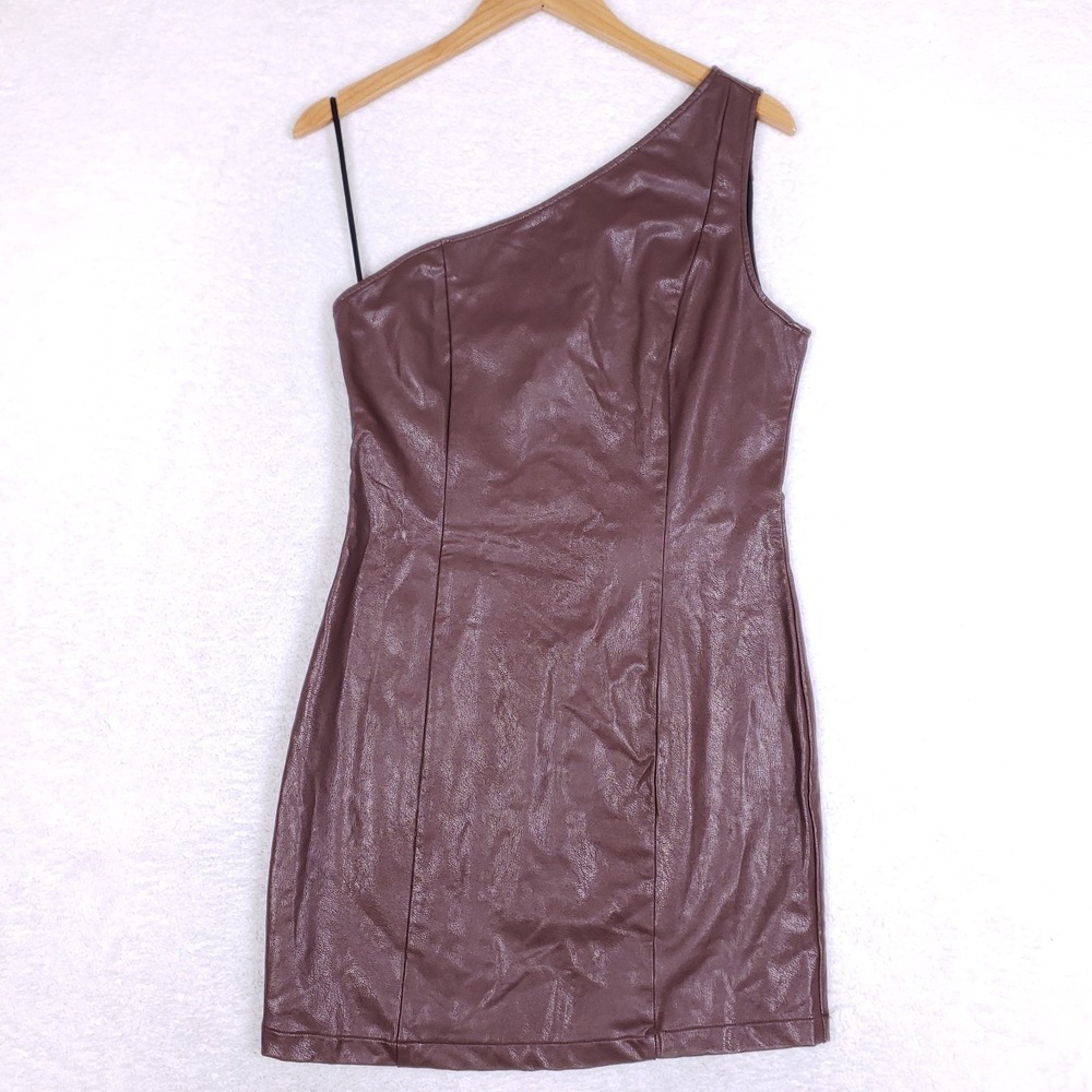 Forever 21‎ One Shoulder Mini Dress L Asymmetrical Chocolate Brown Faux Leather